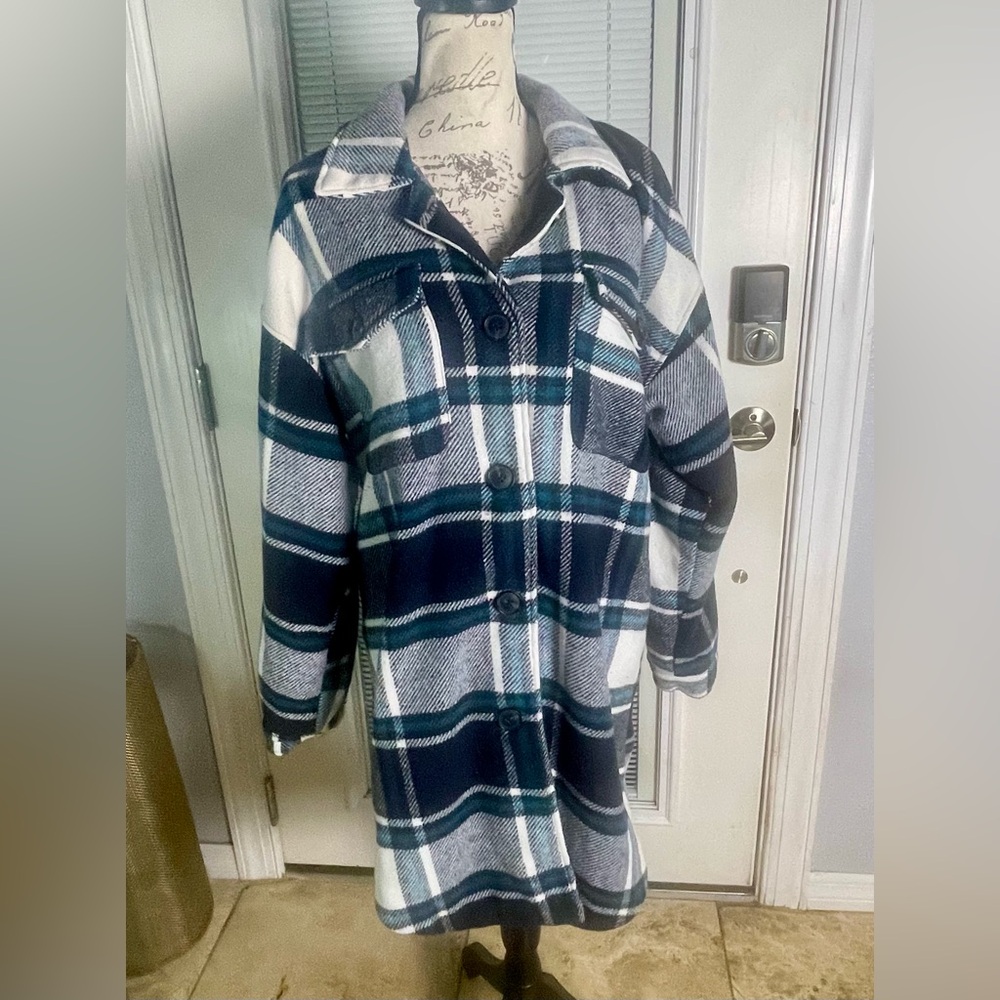 Size L Vigoss Oversized Plaid Flannel Shacket Shirt Jacket Turquoise Black White